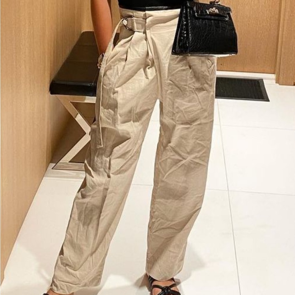 Frankie Shop tan pants leather trim